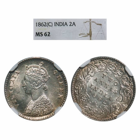 Victoria Queen, Silver, 2 Annas, 1862, Calcutta Mint, A/I, Bottom flower centre top petal 