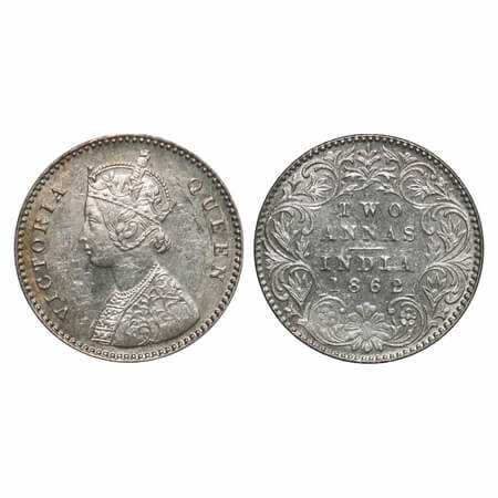 Victoria Queen, Silver, 2 Annas, 1862, Calcutta Mint, A/I, Bottom flower centre top petal 