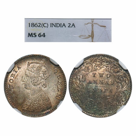 Victoria Empress, Silver, 2 Annas, 1862, Calcutta Mint, A/I, Bottom flower centre top peta