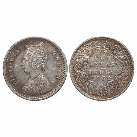 Victoria Queen, Silver, 2 Annas, 1862, Bombay Mint, A/I, Bottom flower centre top petal br
