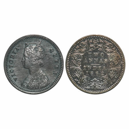 Victoria Queen, Silver, 2 Annas, 1862, Bombay Mint, A/I, Bottom flower centre top petal br