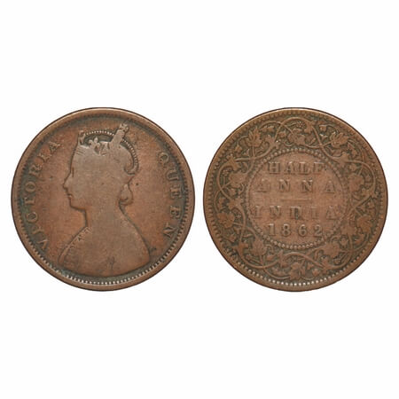 Victoria Queen, Copper, Half Anna, 1862, Calcutta Mint, A/II, Flat 1, Pineapple like flowe