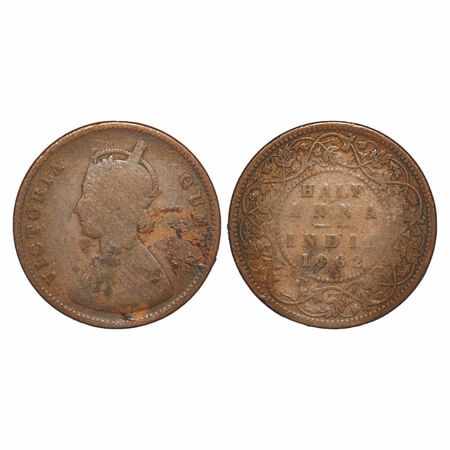 Victoria Queen, Copper, Half Anna, 1862, Calcutta Mint, B/II, Flat 1, Pineapple like flowe