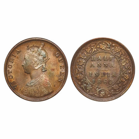 Victoria Queen, Copper, Half Anna, 1862, Madras Mint, A/I, Smugged type flowers. F. Prid 5