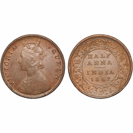 Victoria Queen, Copper, Half Anna, 1862, Madras Mint, A/I(i), Flowers with Five dots aroun