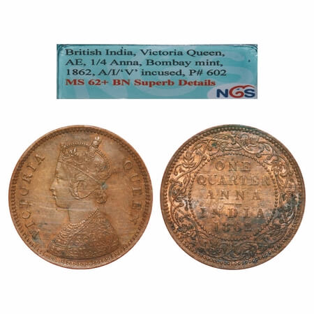 Victoria Queen, Copper, Quarter Anna, 1862, Bombay Mint, A/I, No mint mark, Tiny 'V' incus
