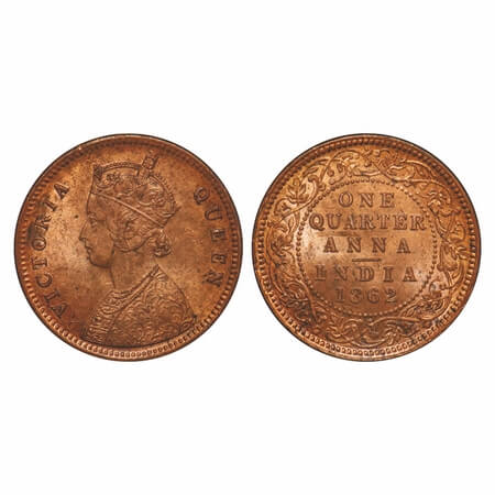 Victoria Queen, Copper, Quarter Anna, 1862, Madras Mint, A/I, No mint mark, No privy mark.