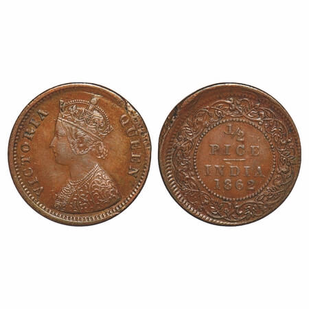 Victoria Queen, Copper, 1/2 Pice 1862, Calcutta Mint, A/I, Planchate flaw on Obv and Rev. 