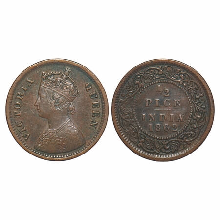 Victoria Queen, Copper, 1/2 Pice, 1862, Calcutta Mint, A/I. F. Prid 710. GK 401. Very Fine