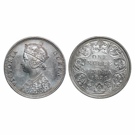 Victoria Queen, Silver, Rupee, 1874, Bombay Mint, C1/II, No dot, Normal numeral 4. F. Prid
