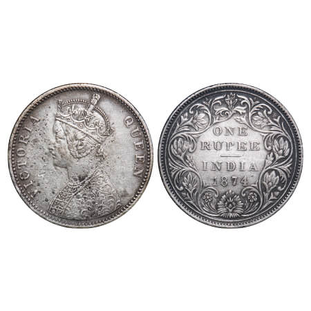 Victoria Queen, Silver, Rupee, 1874, Bombay Mint, A2/II, No dot, Raised line at complete b