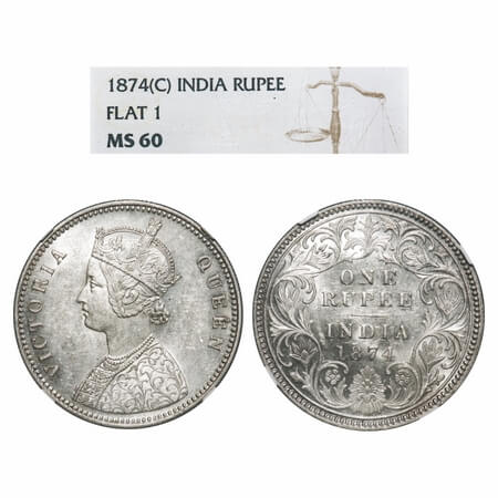 Victoria Queen, Silver, Rupee, 1874, Calcutta Mint, A1/I, No mint mark, Die rotation on Re