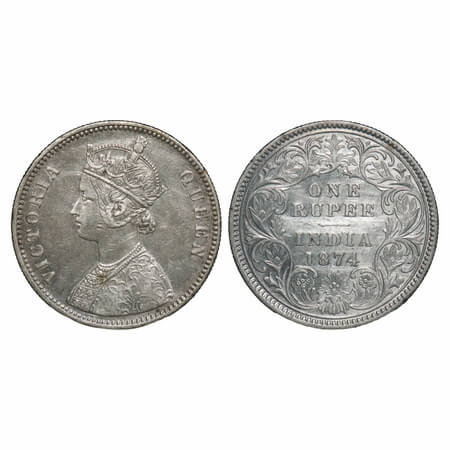 Victoria Queen, Silver, Rupee, 1874, Calcutta Mint, A1/I, No mint mark. F. Prid 112. GK 41