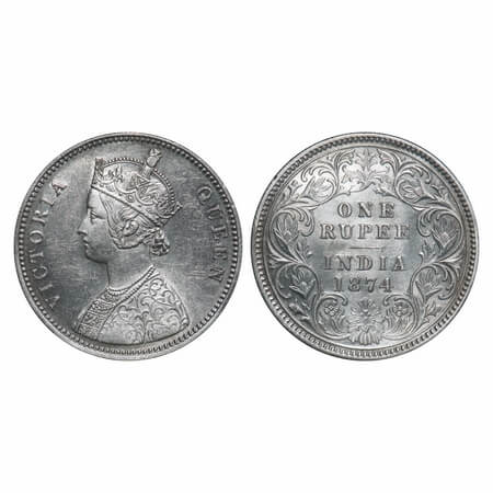 Victoria Queen, Silver, Rupee, 1874, Calcutta Mint, A1/I, No mint mark. F. Prid 112. GK 41