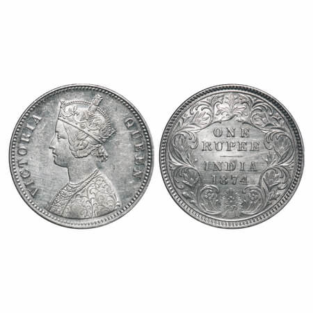 Victoria Queen, Silver, Rupee, 1874, Calcutta Mint, A1/I, No mint mark. F. Prid 112. GK 41