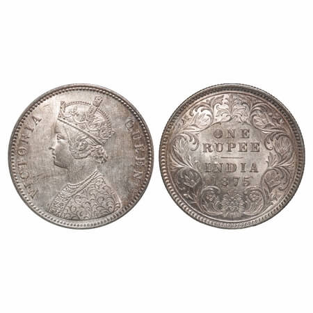 Victoria Queen, Silver, Rupee, 1875, Calcutta MInt, A1/I, No mint mark, Top stroke of nume