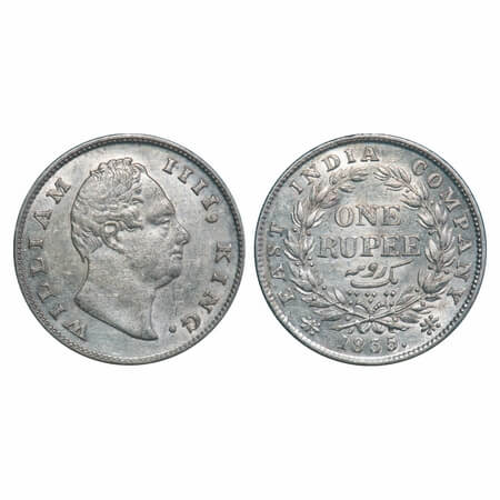 William IV, Silver, Rupee, 1835, Calcutta Mint, A/I, 'F' raised, Rev aligned, Wreath with 