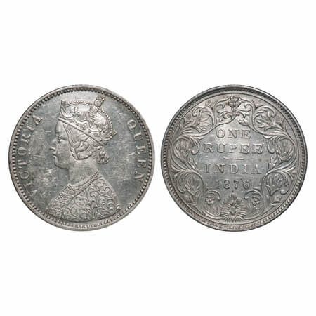 Victoria Queen, Silver, Rupee, 1876, Bombay Mint, A2/II, Dot. F. Prid 147. GK 430. Almost