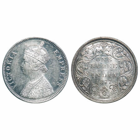 Victoria Empress, Silver, Rupee, 1877, Bombay Mint, A3/II, Dot. F. Prid Unlisted. GK 437. 