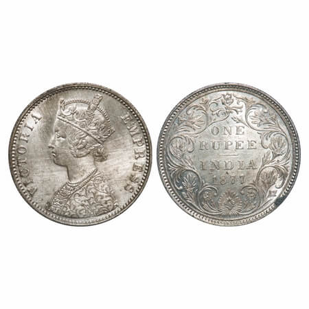 Victoria Empress, Silver, Rupee, 1877, Bombay Mint, A3/II(i), Dot. F. Prid Unlisted. GK 44
