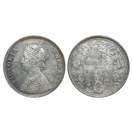Victoria Empress, Silver, Rupee, 1877, Bombay Mint, A3/II(i), Dot, Thin numeral 77. F. Pri