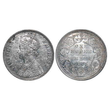 Victoria Empress, Silver, Rupee, 1877, Bombay Mint, A3/II(i), Dot, Thin numeral 77. F. Pri