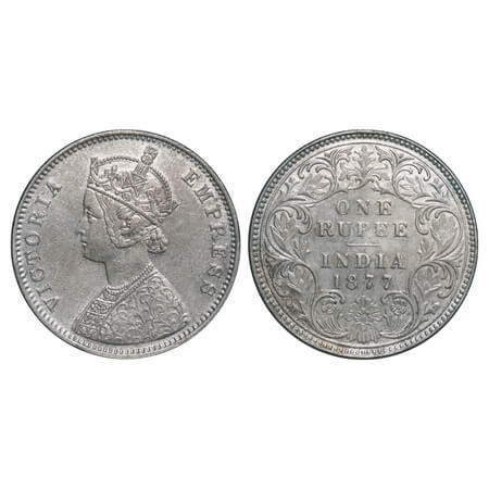 Victoria Empress, Silver, Rupee, 1877, Bombay Mint, A2/I, Dot, Die crack on Obv. F. Prid U