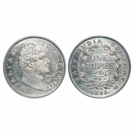 William IV, Silver, Rupee, 1835, Calcutta Mint, A/I, F raised, Rev aligned, Wreath with 19