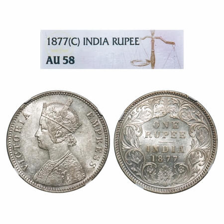 Victoria Empress, Silver, Rupee, 1877, Calcutta Mint, A1/I, No mint mark, Die rotation on 