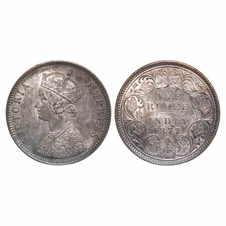 Victoria Empress, Silver, Rupee, 1877, Calcutta Mint, A1/I, No mint mark. F. Prid 115. GK 