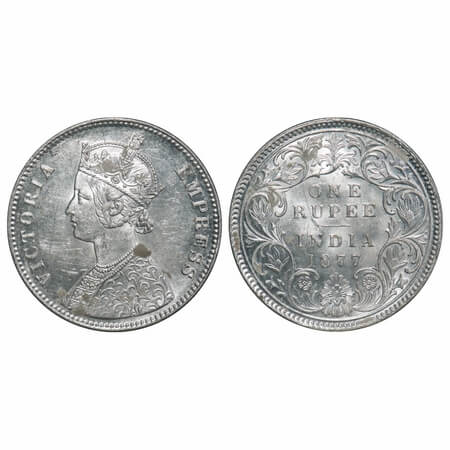Victoria Empress, Silver, Rupee, 1877, Calcutta Mint, A1/I, No mint mark. F. Prid 115. GK 