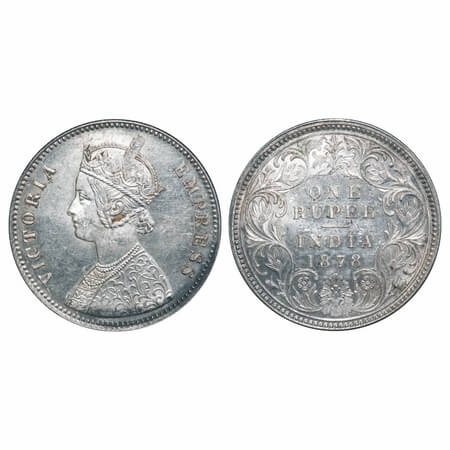 Victoria Empress, Silver, Rupee, 1878, Calcutta Mint, A1/I, No mint mark. F. Prid 116. GK 
