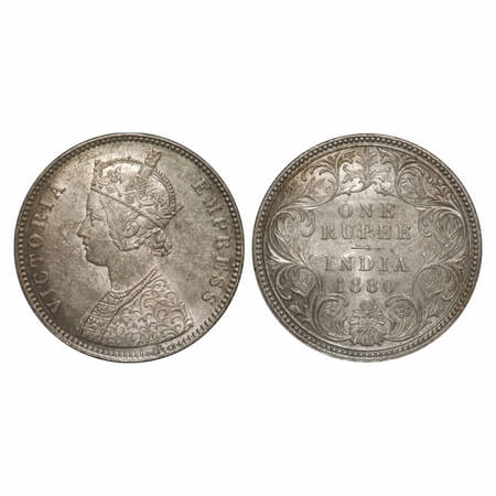 Victoria Empress, Silver, Rupee, 1880, Calcutta Mint, A1/I, 'C' incused. F. Prid 118. GK 4