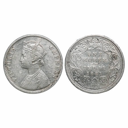 Victoria Empress, Silver, Rupee, 1881, Calcutta Mint, A1/I, 'C" incused. F. Prid 119. GK 4