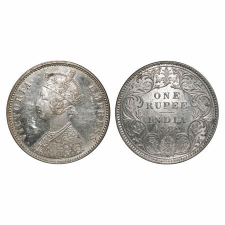 Victoria Empress, Silver, Rupee, 1882, Bombay Mint, A3/I, Dot. F. Prid 160. GK 474. Almost