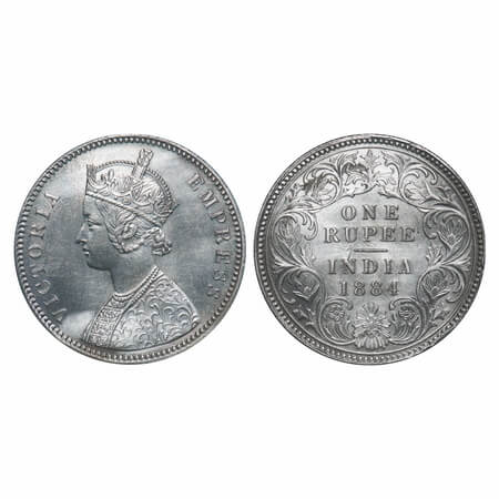 Victoria Empress, Silver, Rupee, 1884, Calcutta Mint, A1/I, 'C' incused. F. Prid 123. GK 4