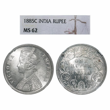 Victoria Empress, Silver, Rupee, 1885, Calcutta Mint, A1/I, 'C' incused, Top stroke of num