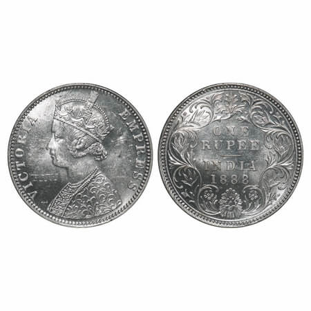 Victoria Empress, Silver, Rupee, 1888, Bombay Mint, C2/I, 'B' raised. F. Prid 174. GK 551.