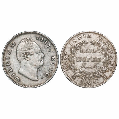 William IV, Silver, Half Rupee, 1835, Calcutta Mint, B/I, R.S. incused, Medium thin sized 