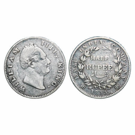 William IV, Silver, Half Rupee, 1835, Calcutta Mint, A/I, 'F' incused, Wreath with 21 Berr
