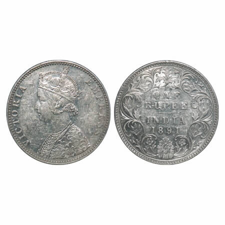 Victoria Empress, Silver, Rupee, 1891, Bombay Mint, C2/I, 'B' incused. F. Prid 179. GK 569