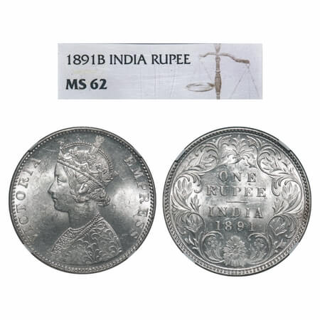 Victoria Empress, Silver, Rupee, 1891, Bombay Mint, C2/I, 'B' incused. F. Prid 179. GK 569