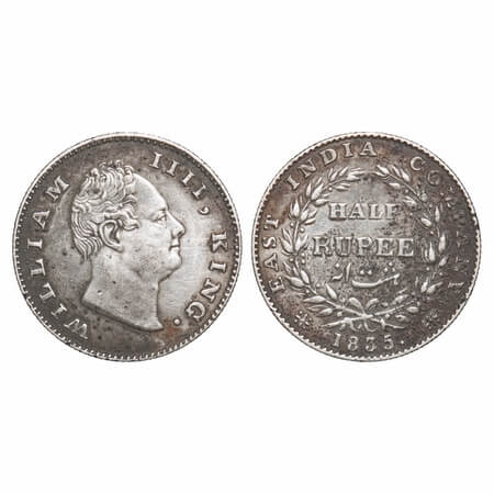 William IV, Silver, Half Rupee, 1835, Calcutta Mint, A/I(ii), 'F' incused, Two leaves abov
