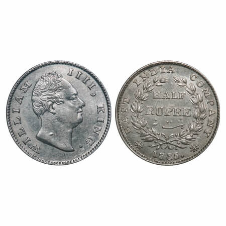William IV, Silver, Half Rupee, 1835, Calcutta Mint, A/II, 'F' raised, Wreath with 19 Berr