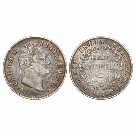 William IV, Silver, Half Rupee, 1835, Calcutta Mint, A/II, 'F' raised, Wreath with 19 Berr