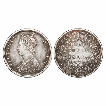 Victoria Queen, Silver, Half Rupee, 1875, Bombay Mint, B2/II, Dot. F. Prid 286. GK 602. Ve