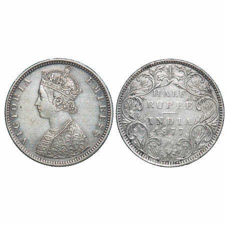 Victoria Empress, Silver, Half Rupee, 1877, Bombay Mint, B2/II, Dot. F. Prid 288. GK 608.