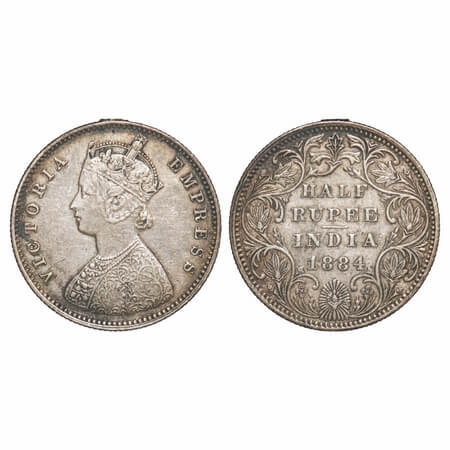 Victoria Empress, Silver, Half Rupee, 1884, Bombay Mint, A/II, Dot, Ex-mount. F. Prid 292.