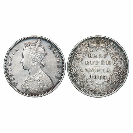 Victoria Empress, Silver, Half Rupee, 1888, Bombay Mint, A/II(i), 'B' raised. F. Prid 298.