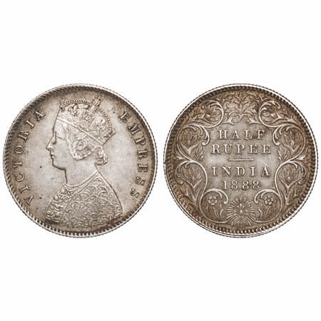 Victoria Empress, Silver, Half Rupee, 1888, Calcutta Mint, A/I, 'C' incused. F. Prid 272. 